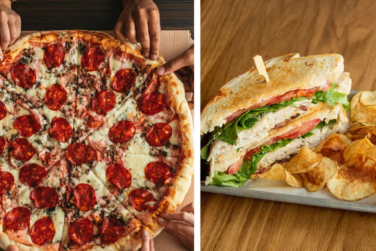 hands grabbing pizza and a sandwich with chips
